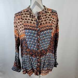 Phool Boho Light Weight Rayon Long Sleeve Top Button Front Size large